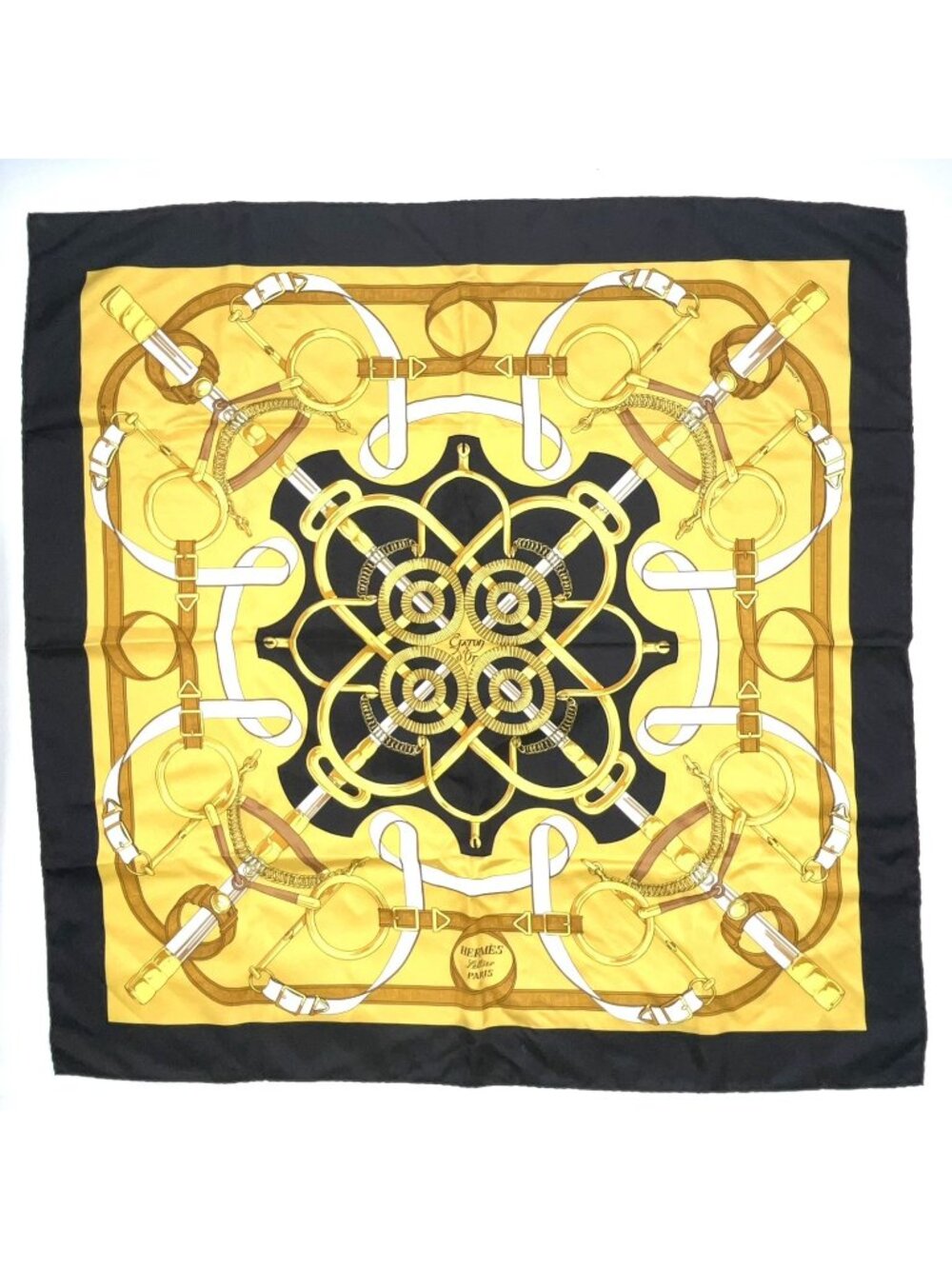 Hermes Carre 90 Eperon D'or Silk Yellow Navy Scarf